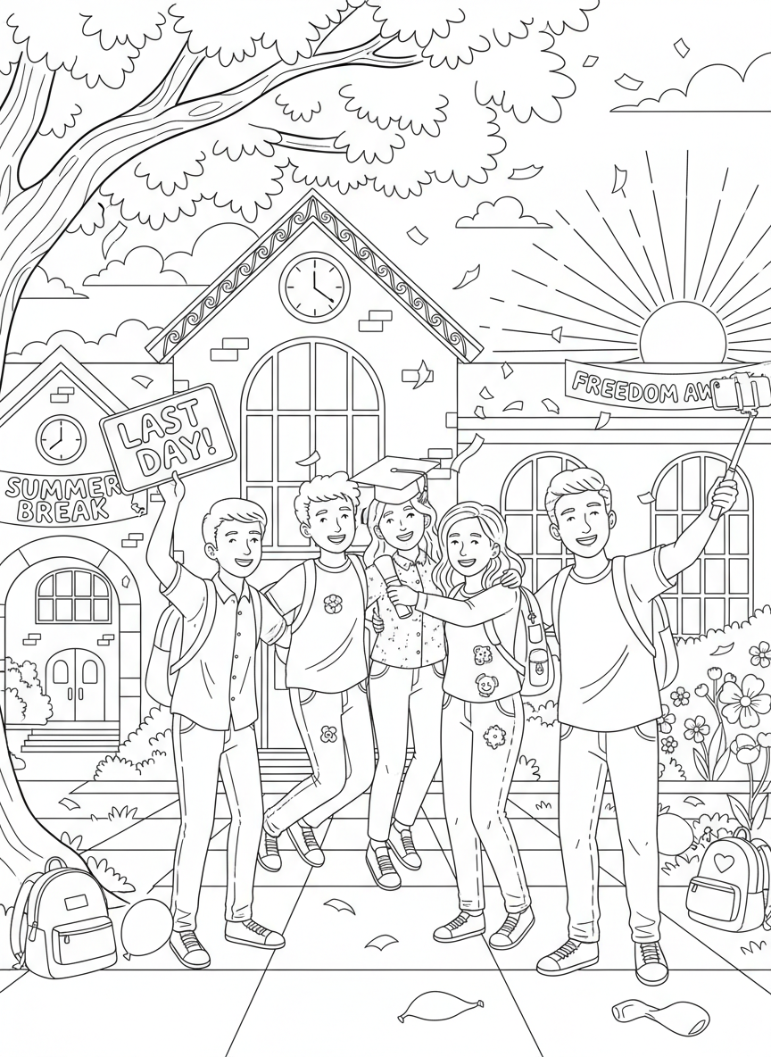 Last Day of School coloring page prompts capturing celebration, relief, nostalgia, and the start of summer freedom.	Friends posing for photos near the school entrance, capturing the final moments of the school year.