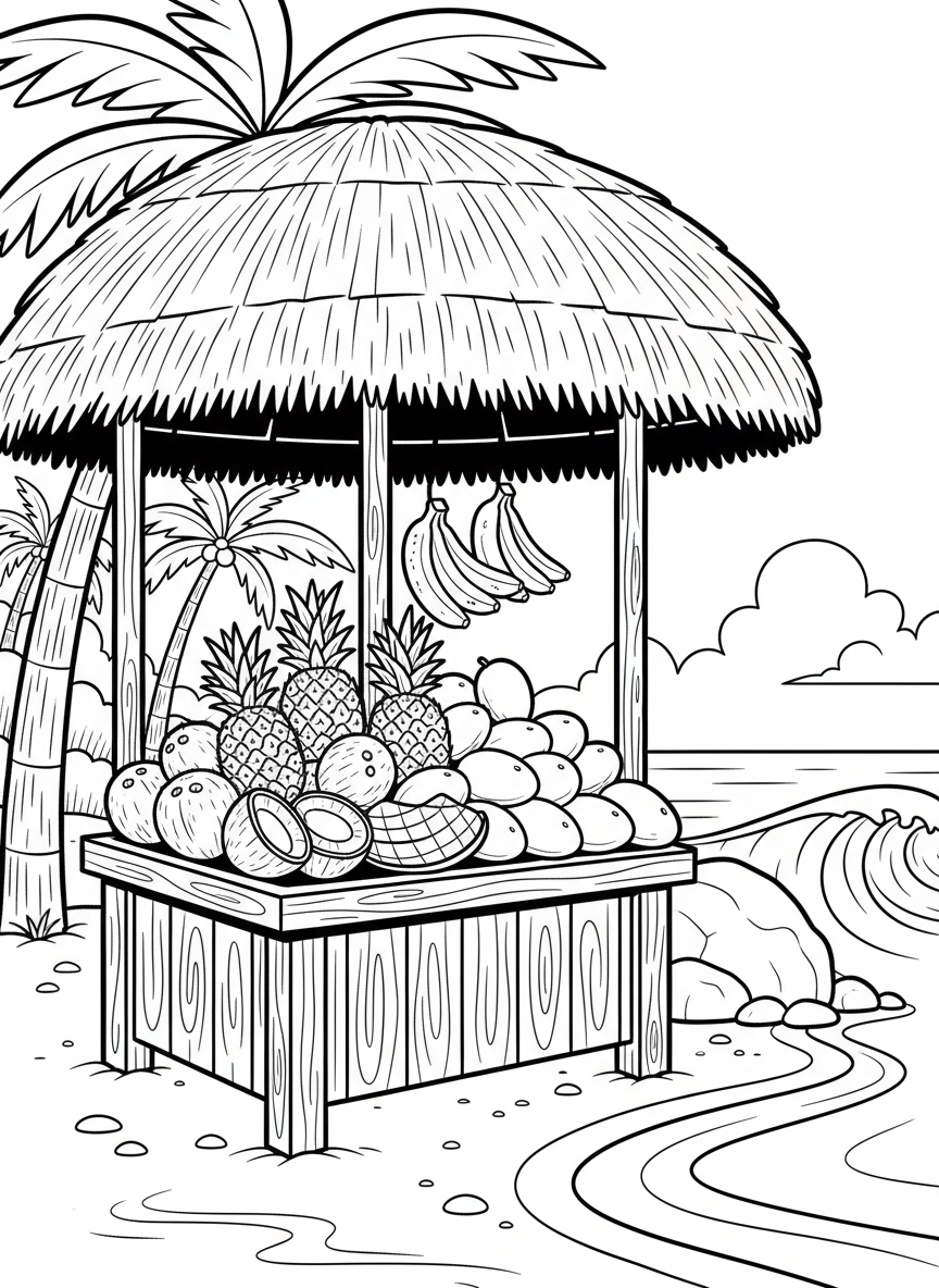 A tropical fruit stand with pineapples, coconuts, bananas, and mangoes displayed under a thatched roof umbrella on the beach.