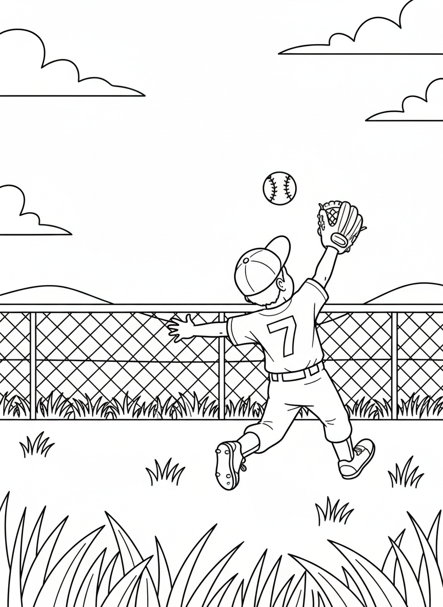 A young Little League outfielder sprinting across the grass toward a fly ball with both arms outstretched, baseball cap nearly flying off in the wind, chain-link outfield fence and blue sky behind them.