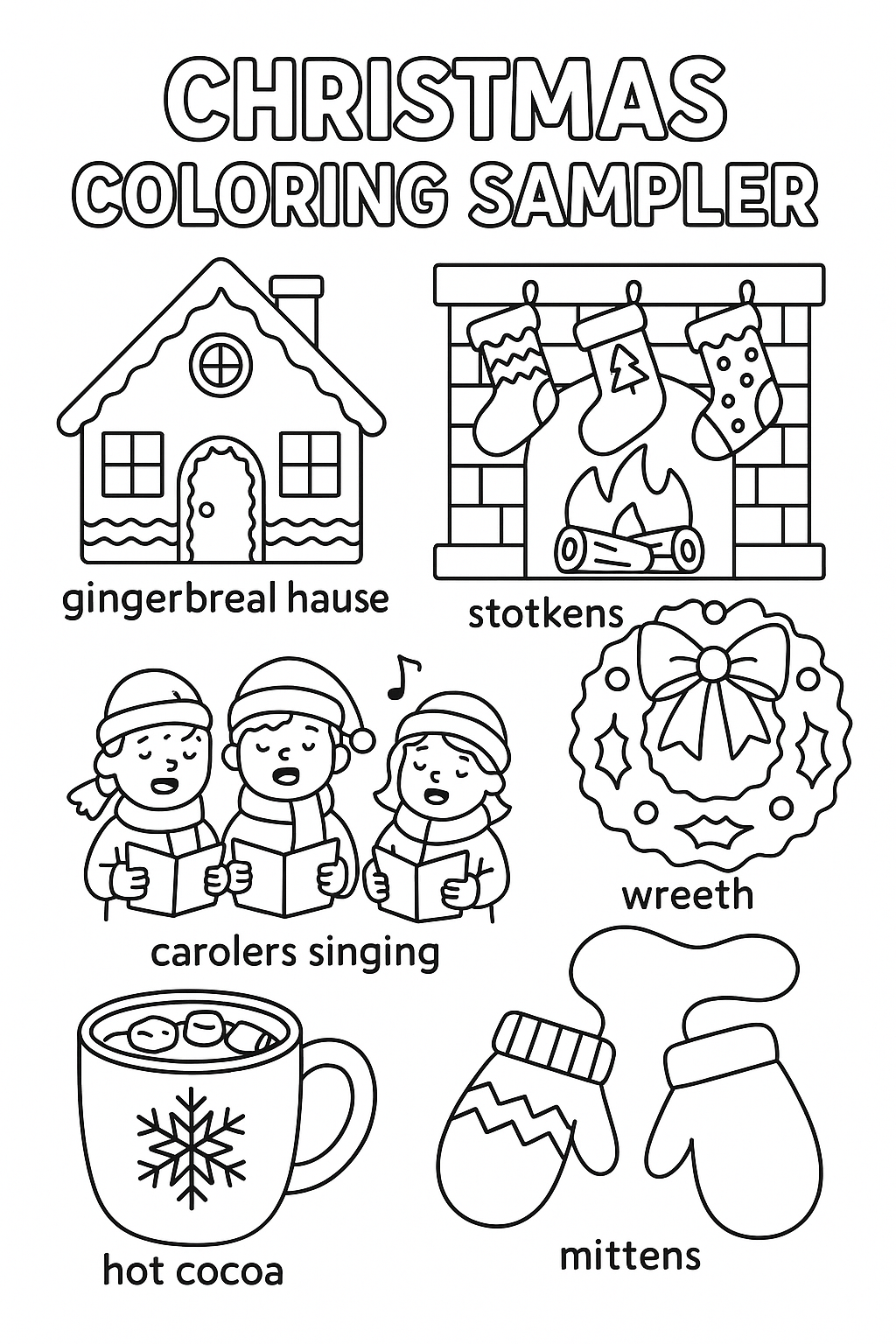 Christmas coloring sampler: gingerbread house, stockings on fireplace, wreath with bow, carolers singing, hot cocoa with marshmallows, mittens, thick black line art, no shading, holiday collection for children