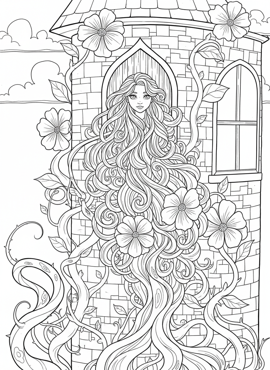 A girl with very long magical hair in a tower window, with flowers and vines growing around the stone walls