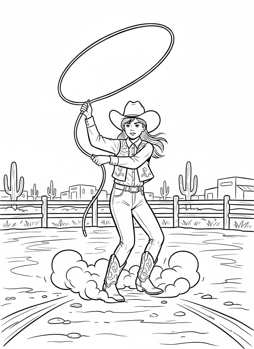 A young cowgirl practicing lasso tricks in a dusty arena, swinging a large loop above her head.