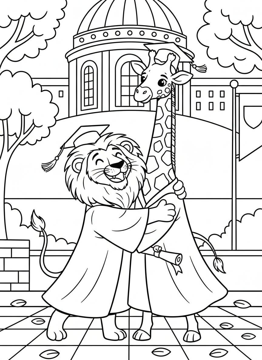 Two graduate friends, a lion and giraffe, hugging and celebrating together while wearing their caps and gowns.