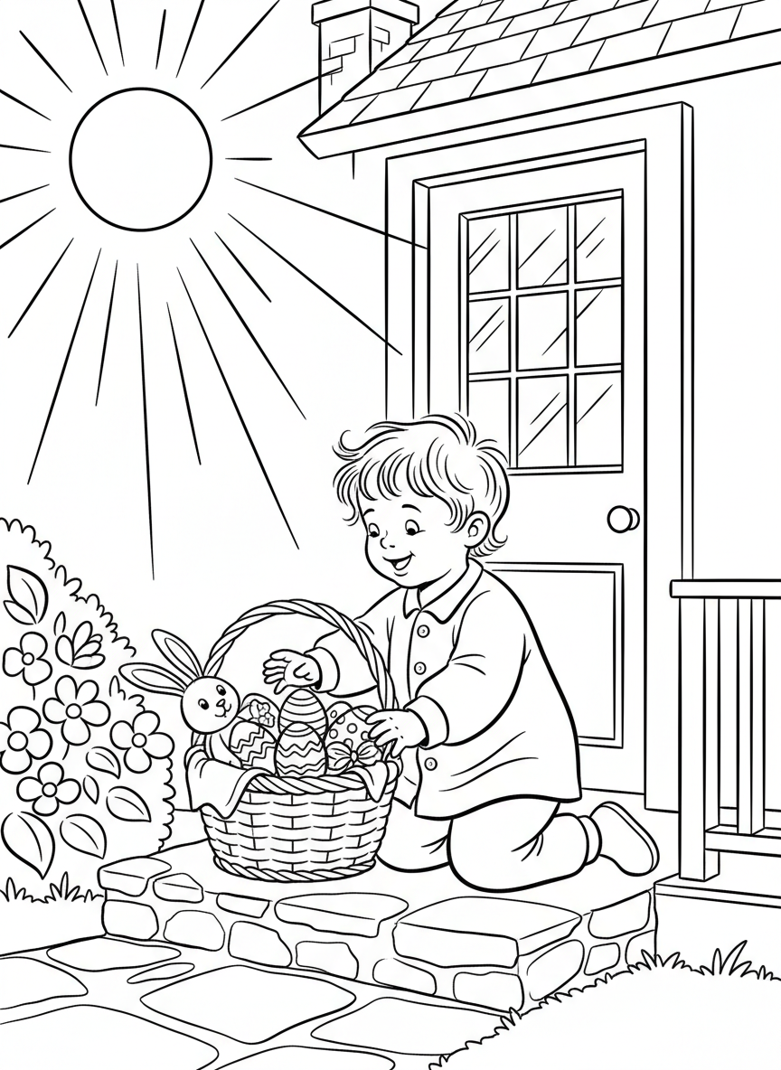 A young child in pajamas discovering an Easter basket filled with eggs and treats on their doorstep at sunrise, with morning light streaming through.