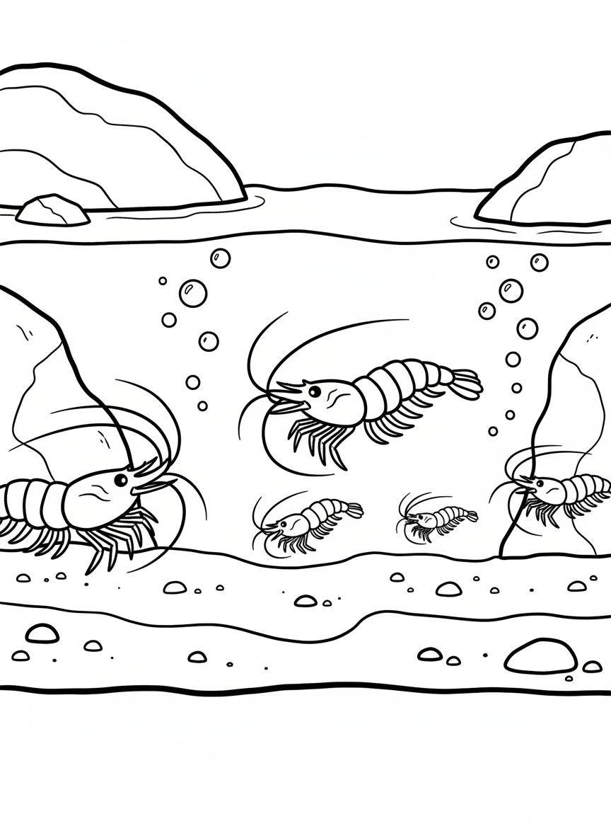 Simple scene of a brine shrimp family swimming in shallow water with basic rock formations and bubbles.