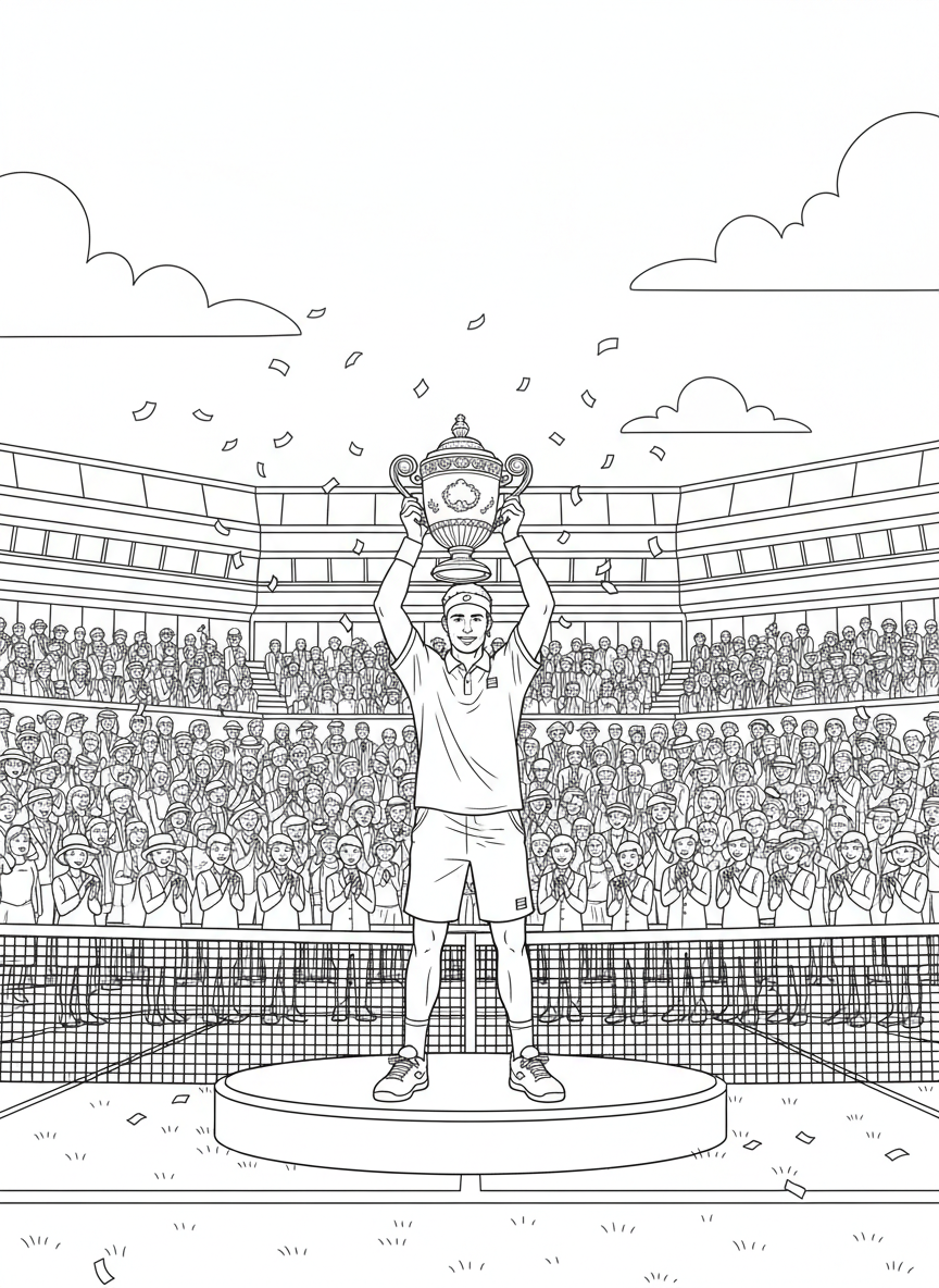 Wimbledon Finals coloring page prompts capturing tradition, grass courts, elegant crowds, and championship tennis drama.	The trophy presentation on Centre Court, applause rising as the champion lifts the prize beneath clear summer skies.