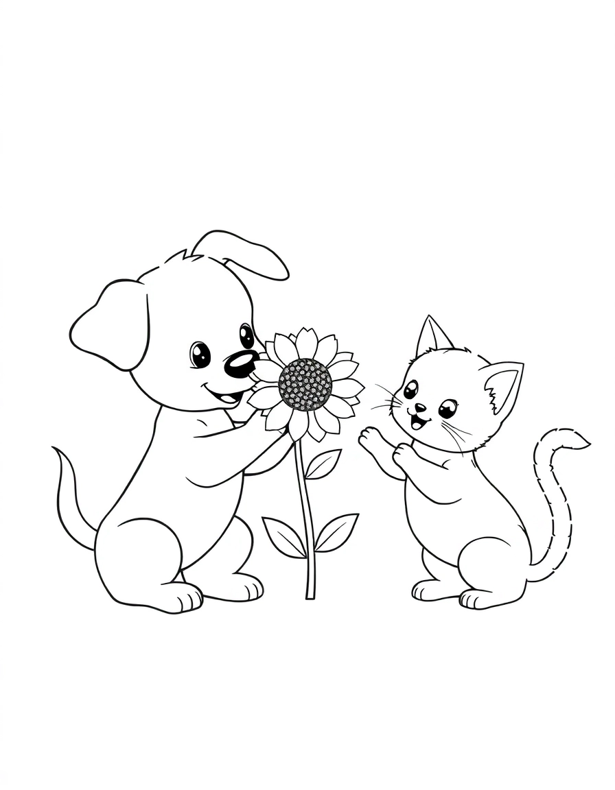 Flower Exchange: A puppy giving a sunflower to a kitten, both wagging their tails happily.