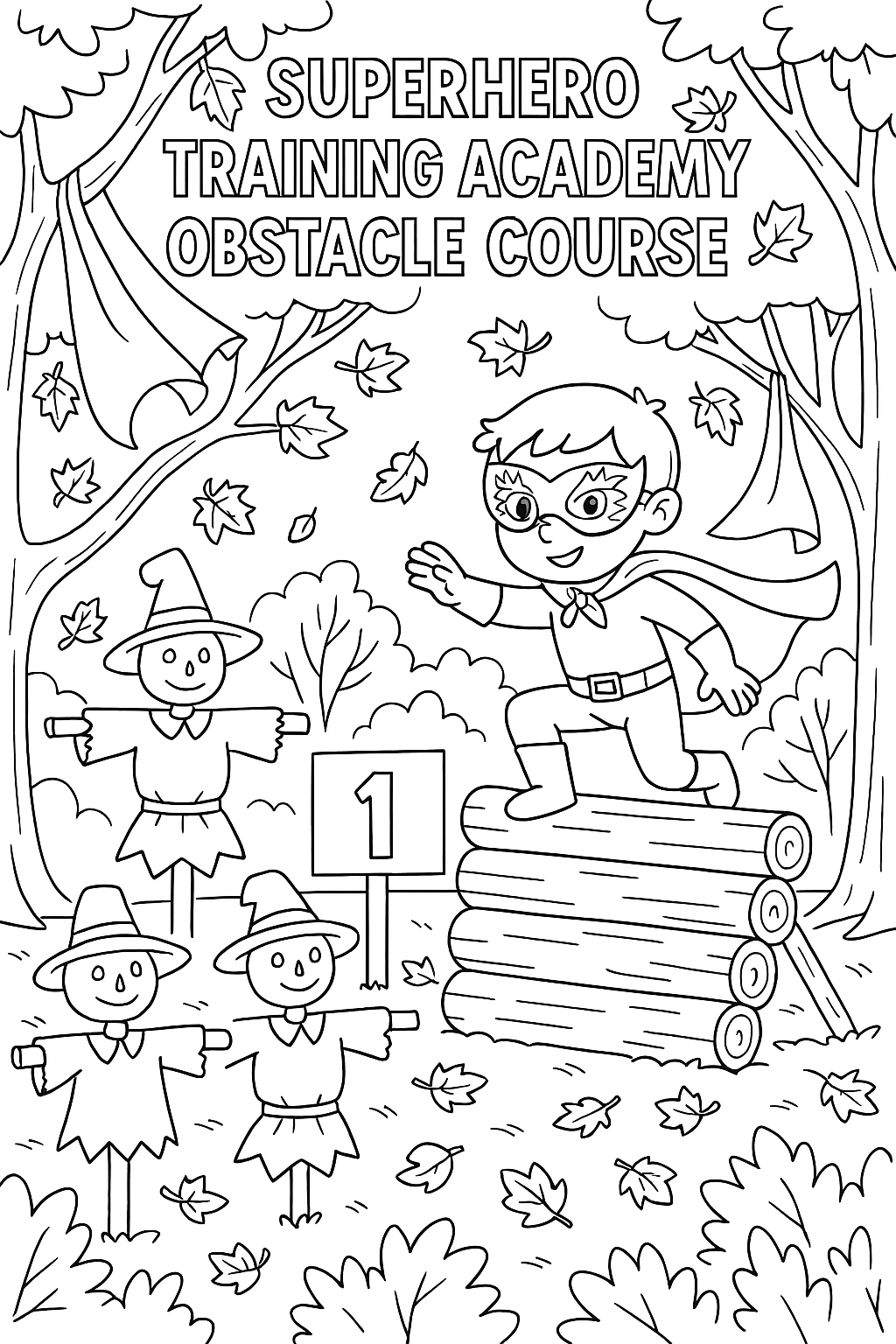 Superhero training academy obstacle course through fall forest, capes getting caught on branches, masks decorated with leaves, practice dummies dressed as scarecrows
