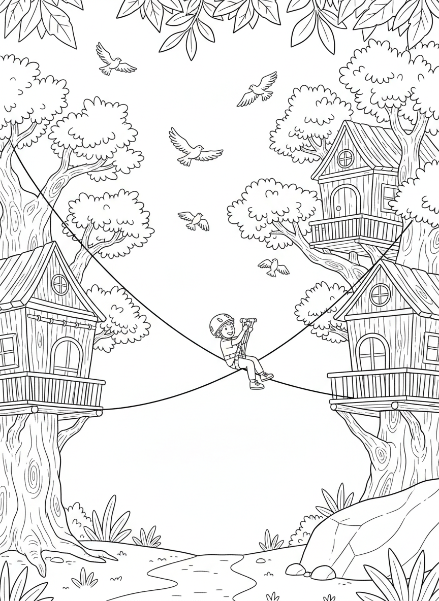 Two elaborate treehouses connected by a zip line, with a child riding down the line wearing a helmet, birds flying nearby
