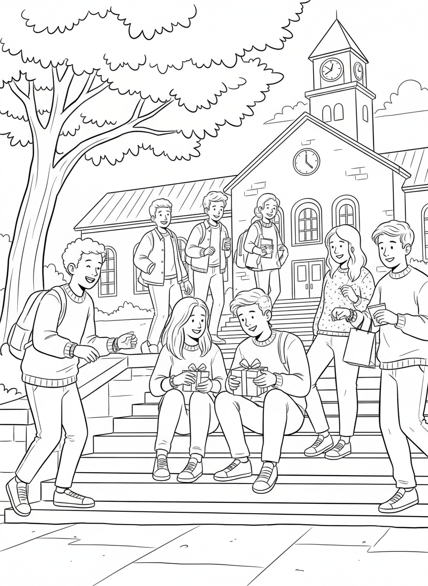 Students exchanging friendship bracelets and small gifts on the school steps, celebrating their friendships