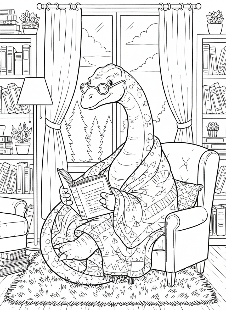 A Diplodocus wearing reading glasses, curled up with a blanket and an open book, cozy reading nook setting.