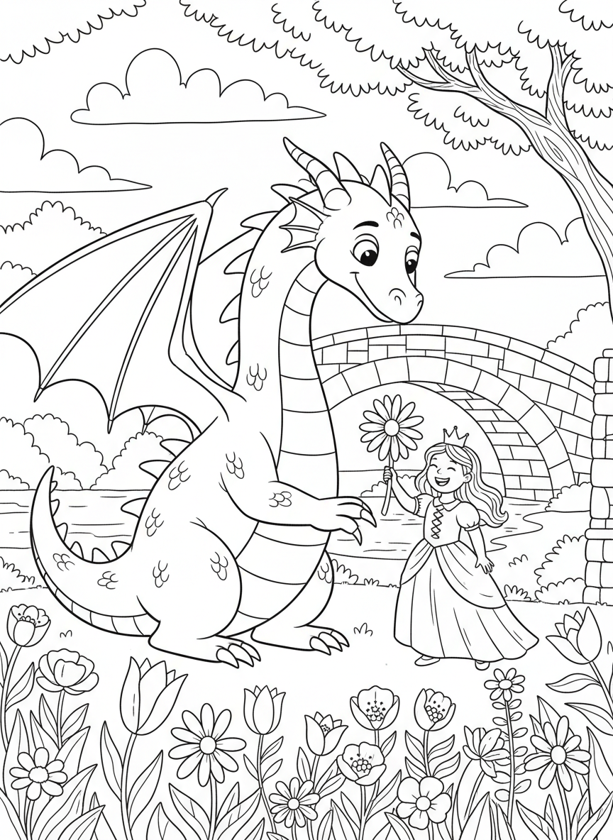 A friendly dragon with large wings and scales plays with a small princess in a flower-filled meadow near a stone bridge.