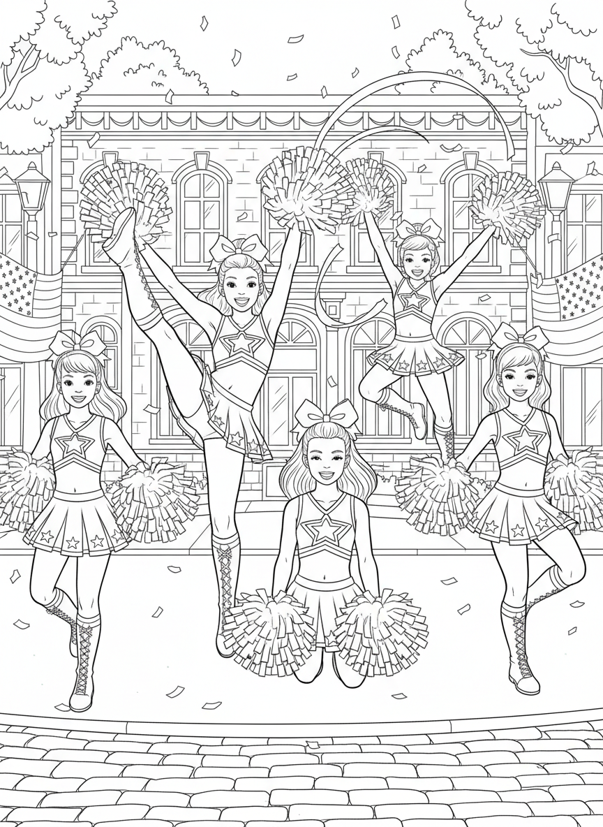 A group of cheerleaders performing with pom-poms and ribbons in a parade, wearing patriotic outfits, energetic poses perfect for coloring.