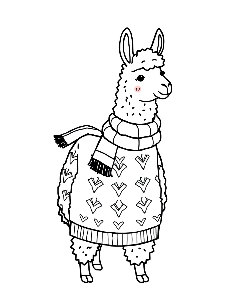 ugly sweater:Llama Wool: A sweater featuring a fluffy llama wearing a scarf, standing in a gentle snowfall.