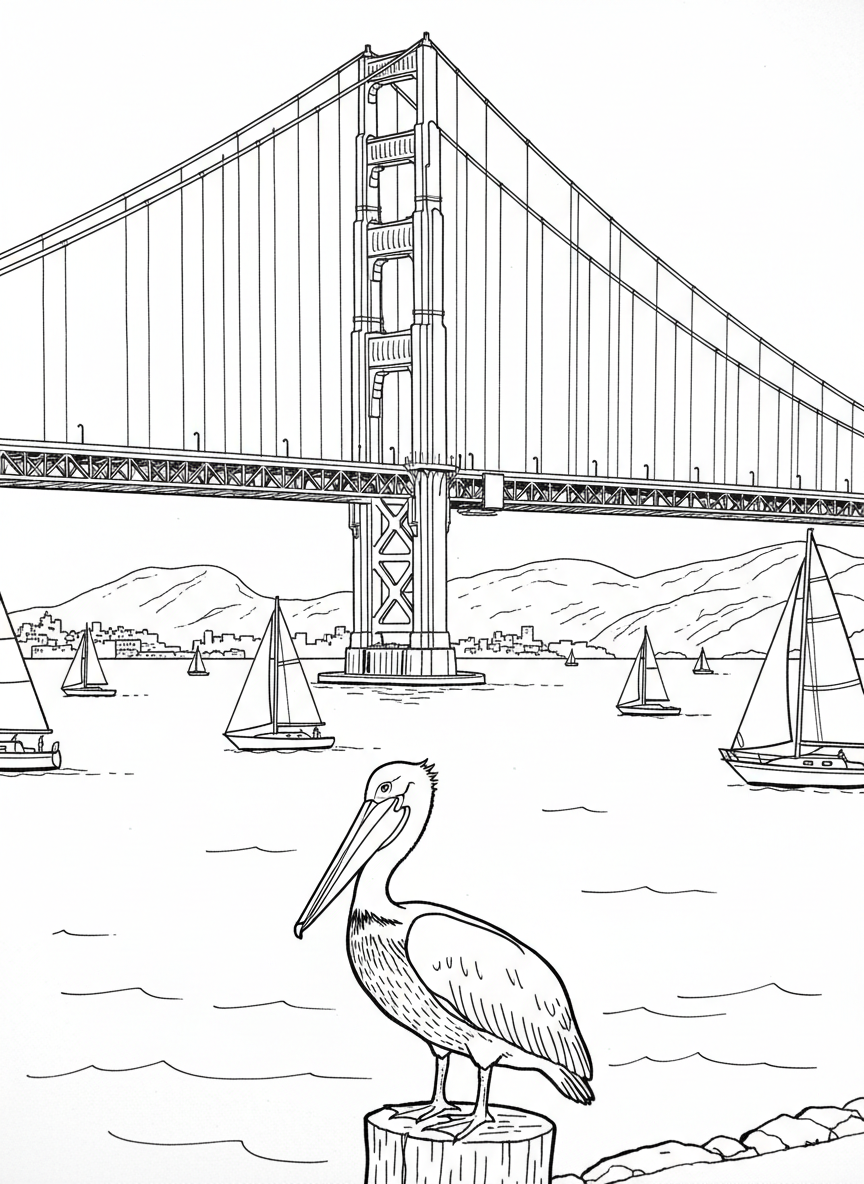 The bay with multiple sailboats, the Golden Gate Bridge in the distance, and a pelican on a post, peaceful waterfront scene.