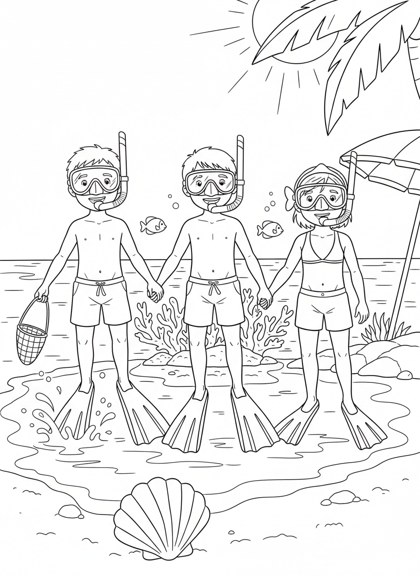 A group of three kids in different snorkel masks and fins, standing in shallow water ready to explore
