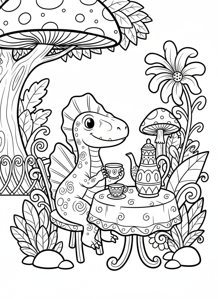A cute Spinosaurus having a tea party with teacups and a teapot on a small table, whimsical and detailed