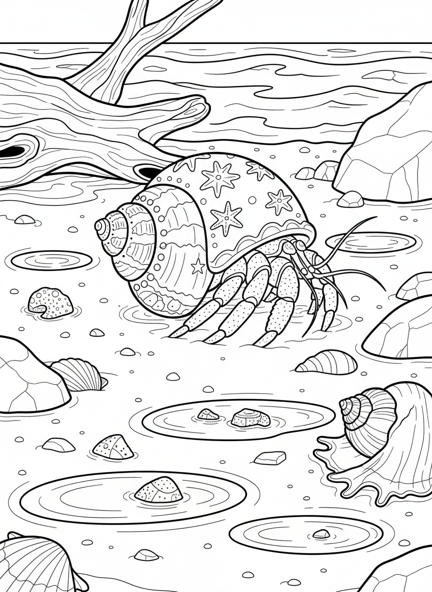 A hermit crab carrying a decorated shell, exploring a sandy area with small tide pools and scattered shells.