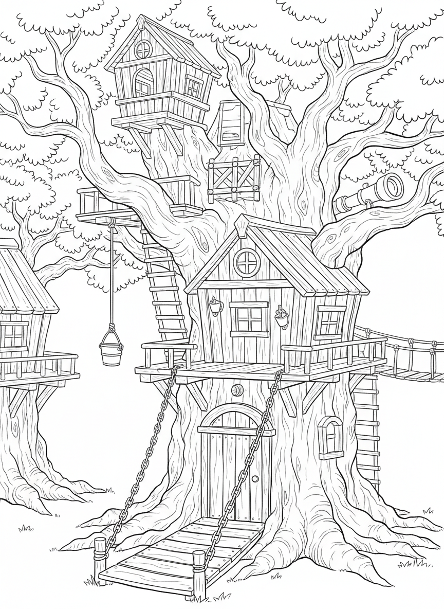 Elaborate treehouse fort with a drawbridge entrance, multiple levels, a crow's nest on top, and a periscope sticking out the side.