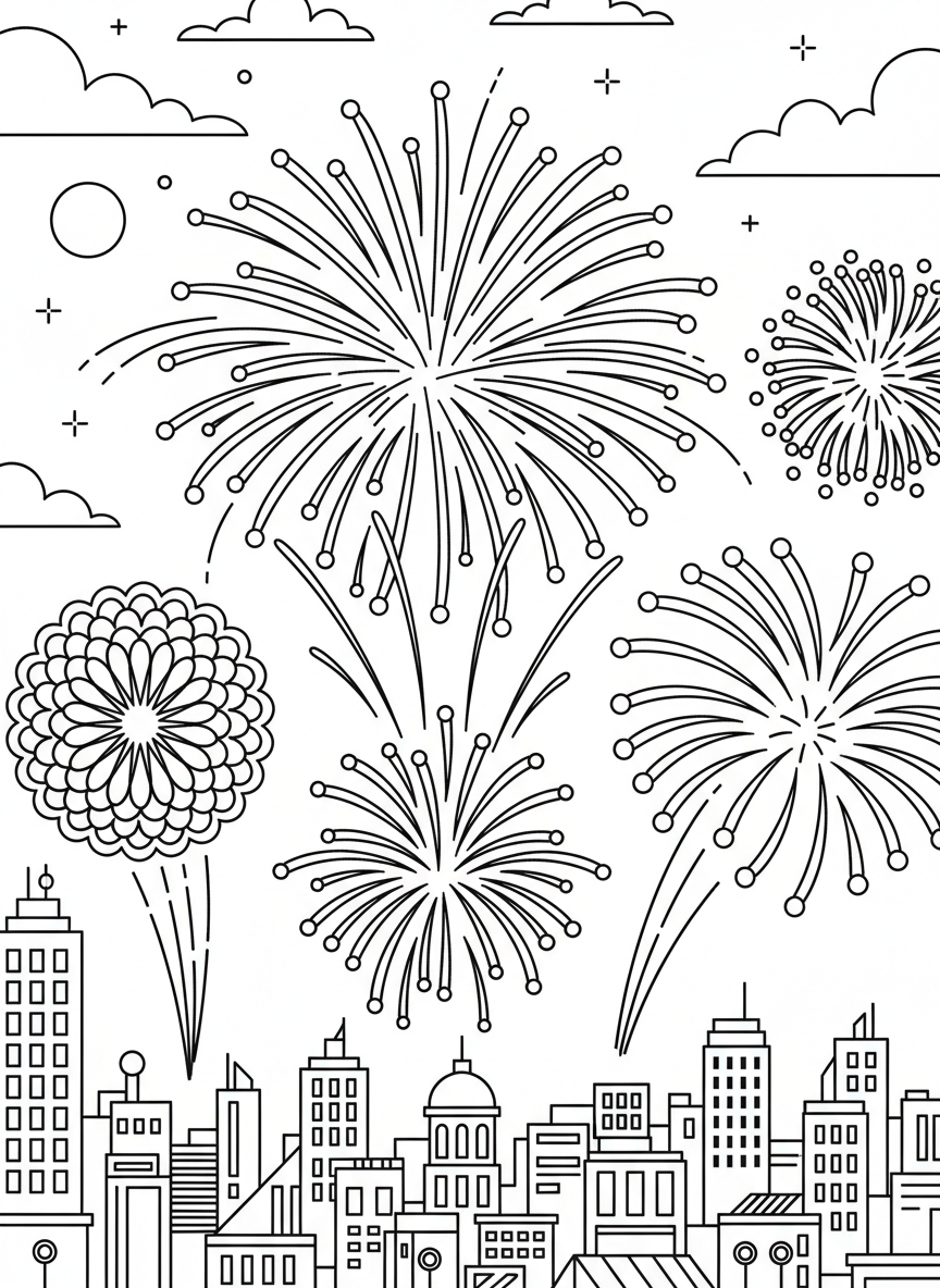 Fireworks exploding over a city skyline at night, with various starburst patterns and trailing sparks to color.