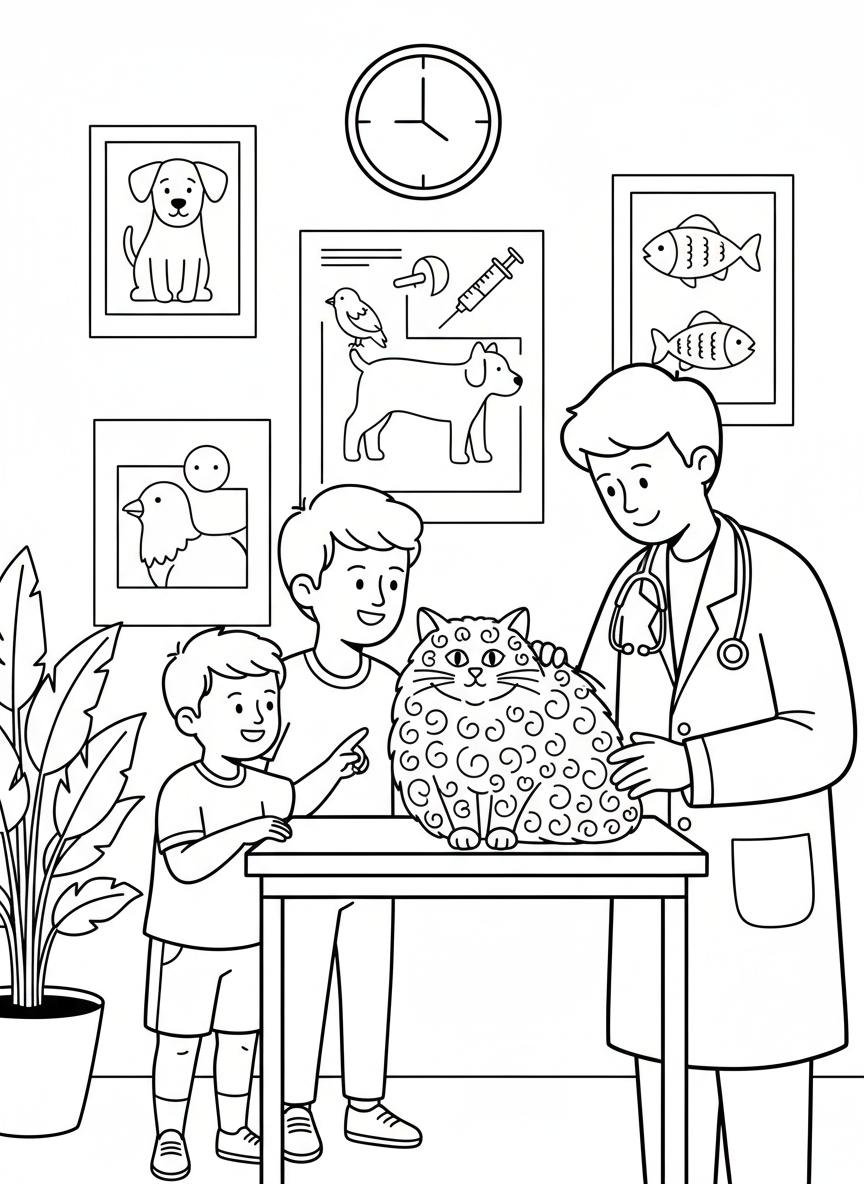 A veterinarian examining a fluffy cat on an exam table while a child and parent watch, with pet care posters on the wall.
