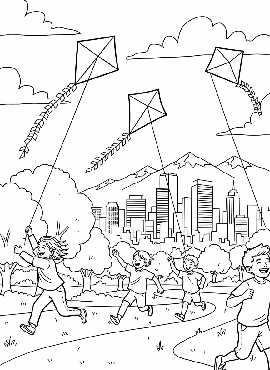 A playful scene of children flying kites in Denver's City Park with the downtown skyline and mountains visible in the distance.