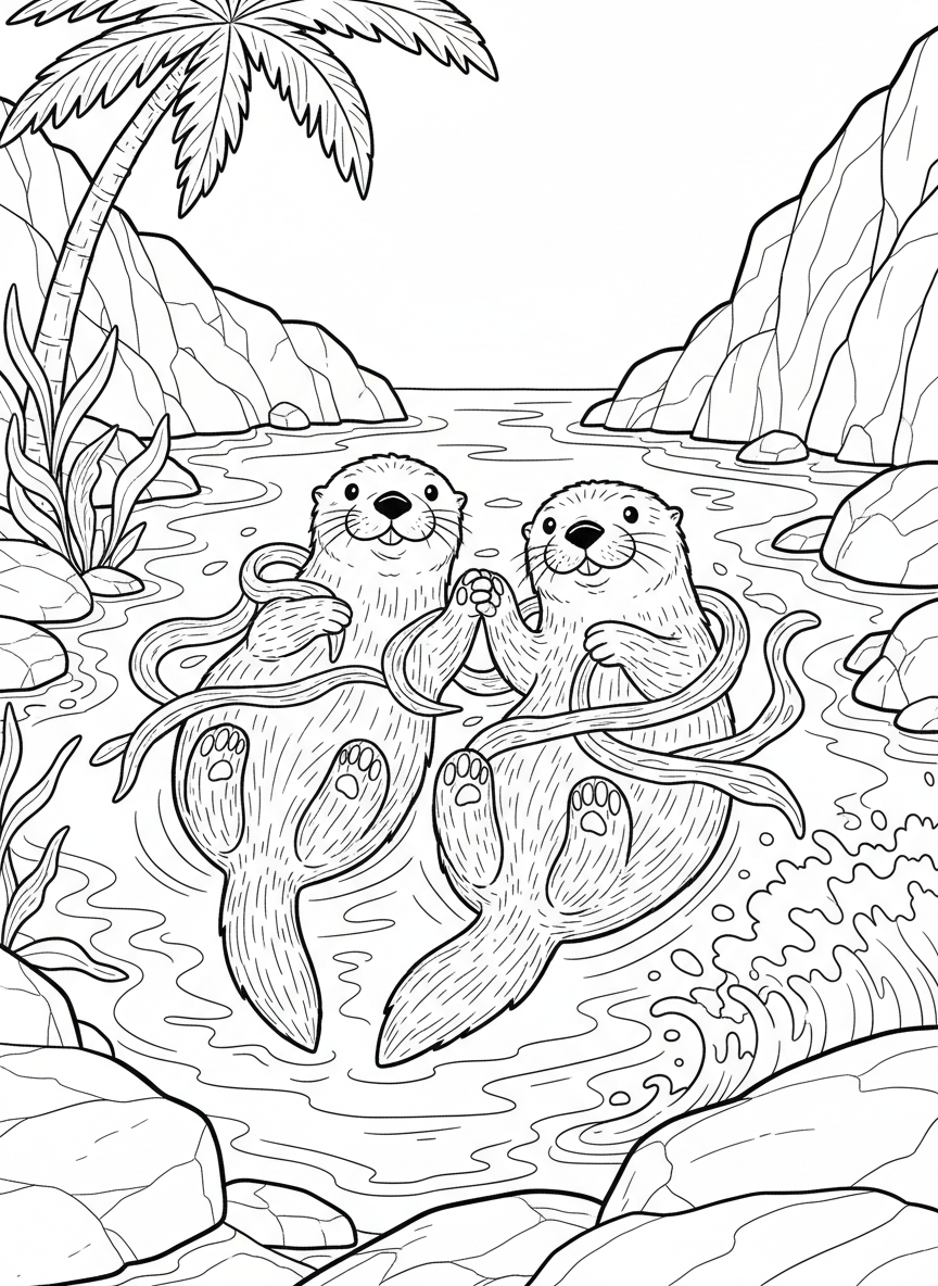 Two playful sea otters floating on their backs in a tide pool, holding hands with seaweed wrapped around them