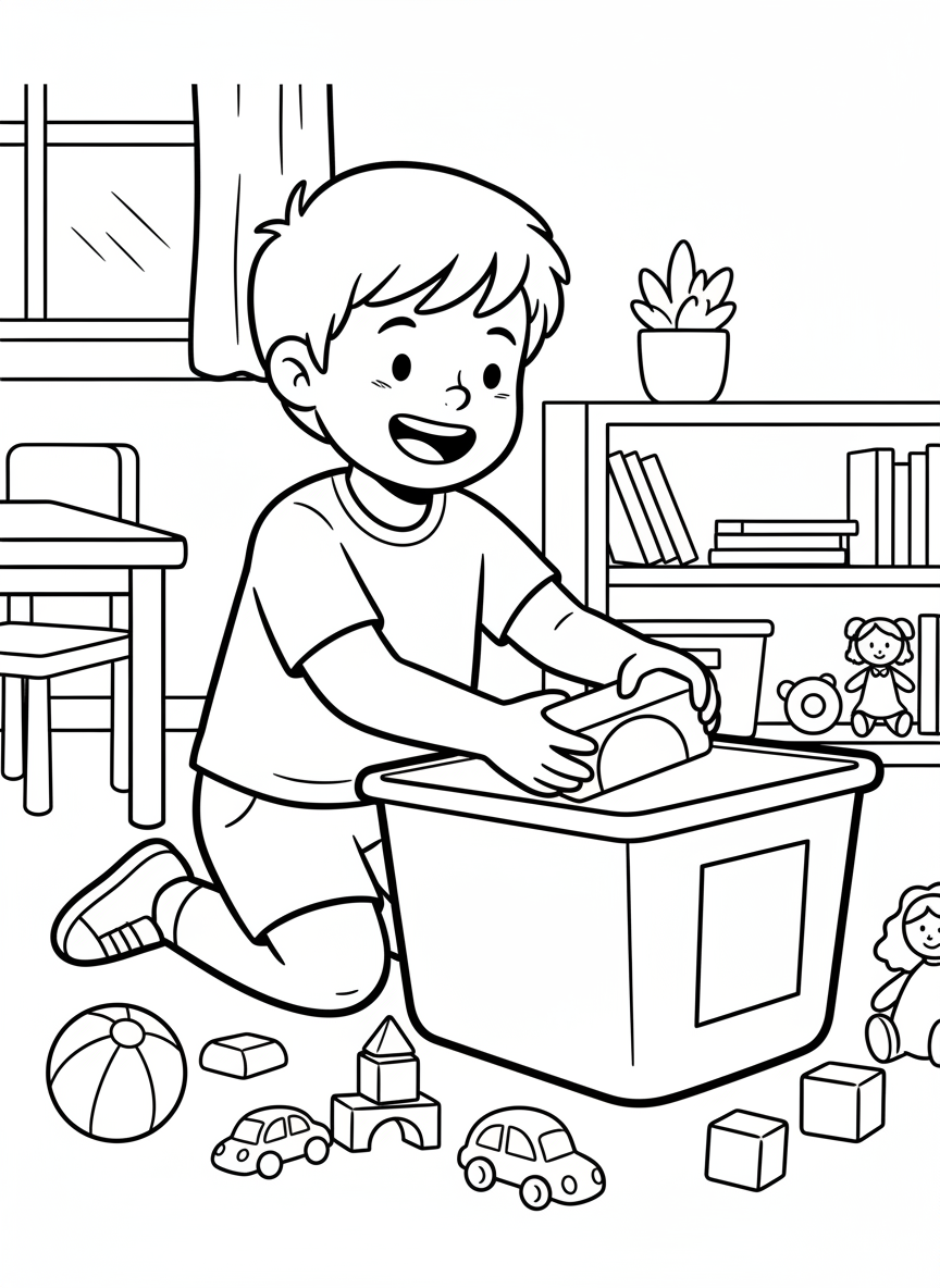 A cheerful child putting colorful blocks into a labeled storage bin, with toys scattered on the floor nearby, simple classroom background