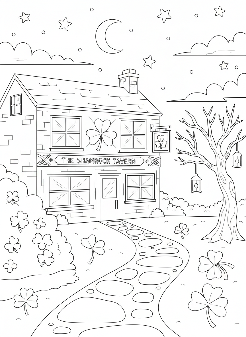 Saint Patricks Day coloring page prompts celebrating Irish-inspired traditions, decorations, music, and festive community energy.	A quiet moment outside just after sunset, lights glowing in windows as Saint Patrick’s Day winds down.