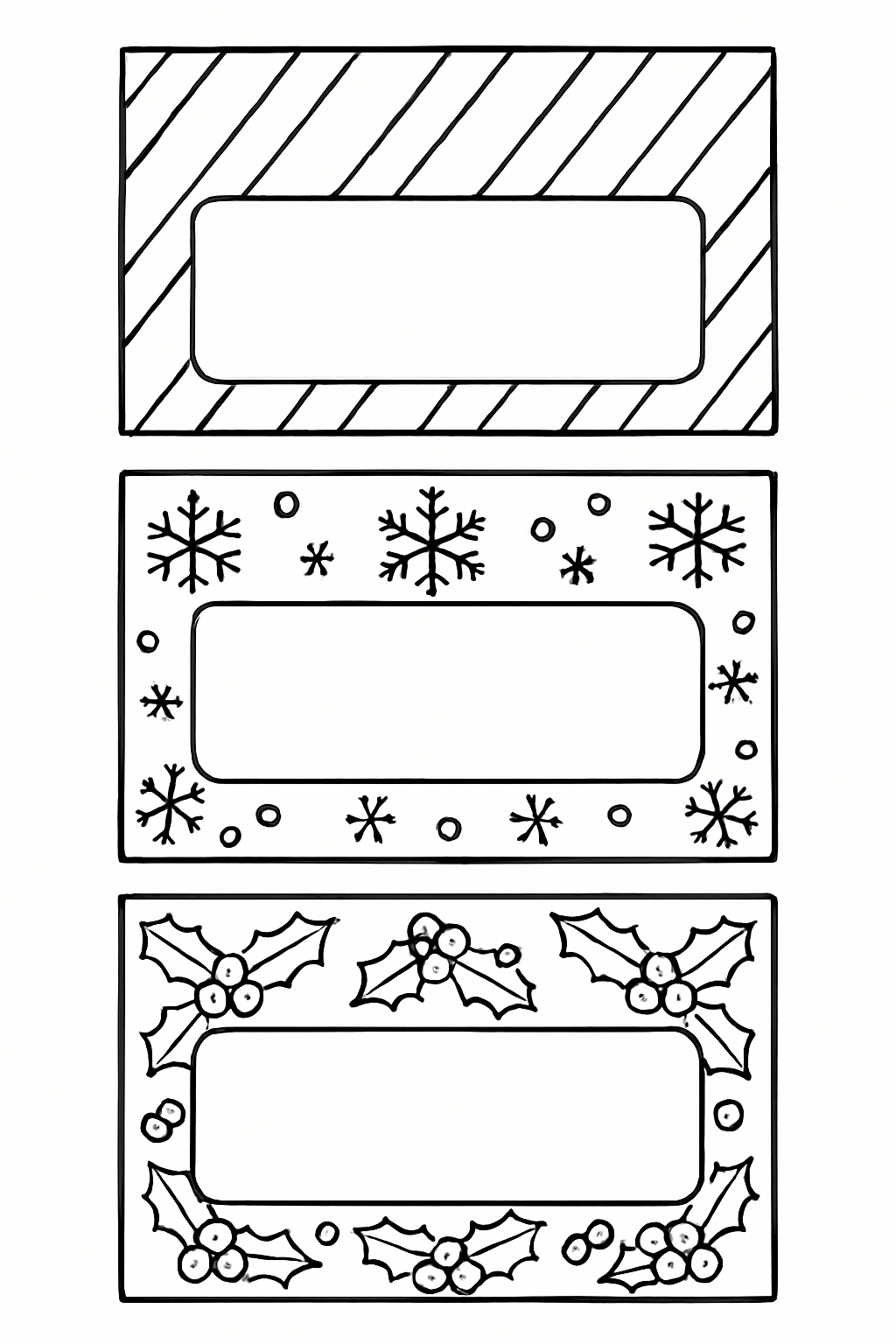 Holiday treat bag toppers with blank centers: candy cane stripes, snowflake pattern, holly pattern