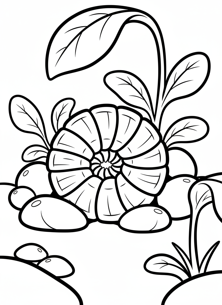 A pill bug rolled into a ball next to some pebbles and plants, simple rounded shapes.