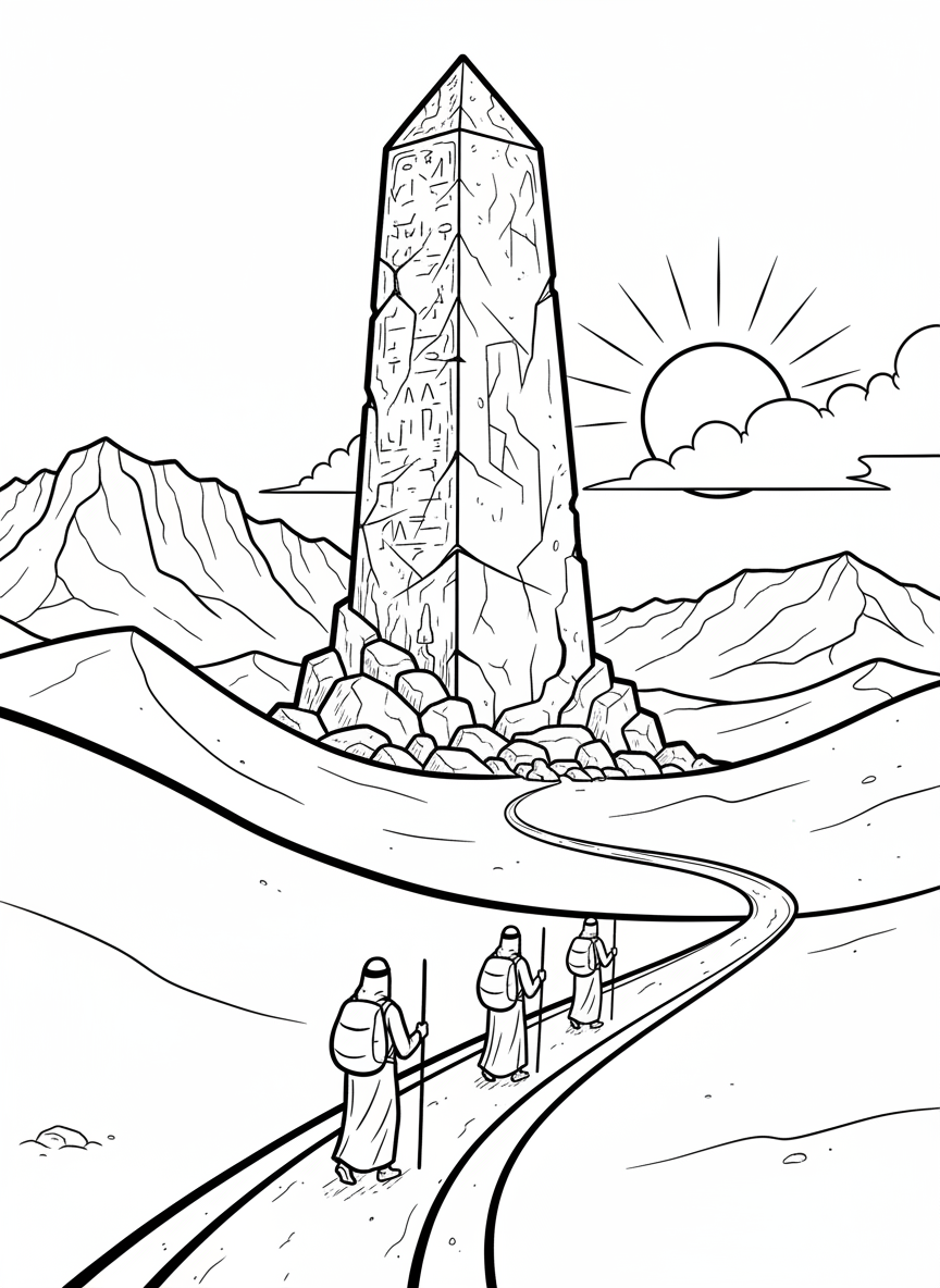 A desert landscape featuring an ancient stone monument rising above the sand while travelers walk along a nearby path.