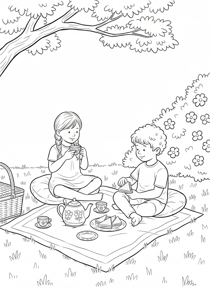 Two children sitting on cushions having a tea party on a picnic blanket, with a teapot, cups, and sandwiches arranged neatly.