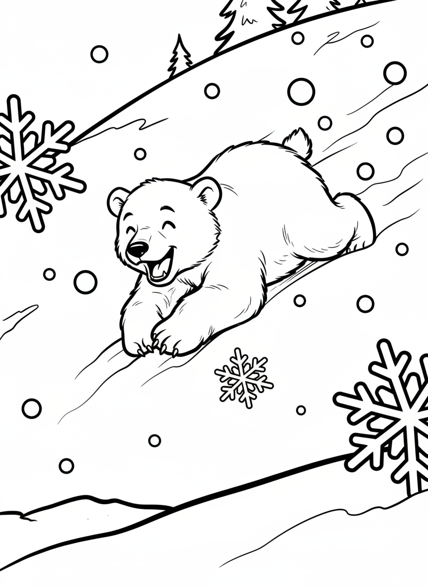 A playful polar bear cub sliding down a snowy hill on its belly, with snowflakes falling around it