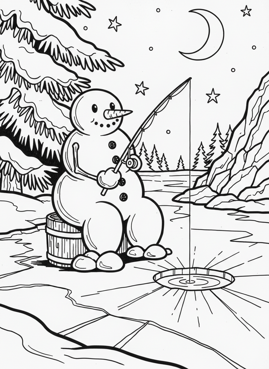 A snowman fishing through a hole in the ice, sitting on a bucket with a fishing rod in stick hands and a patient expression.