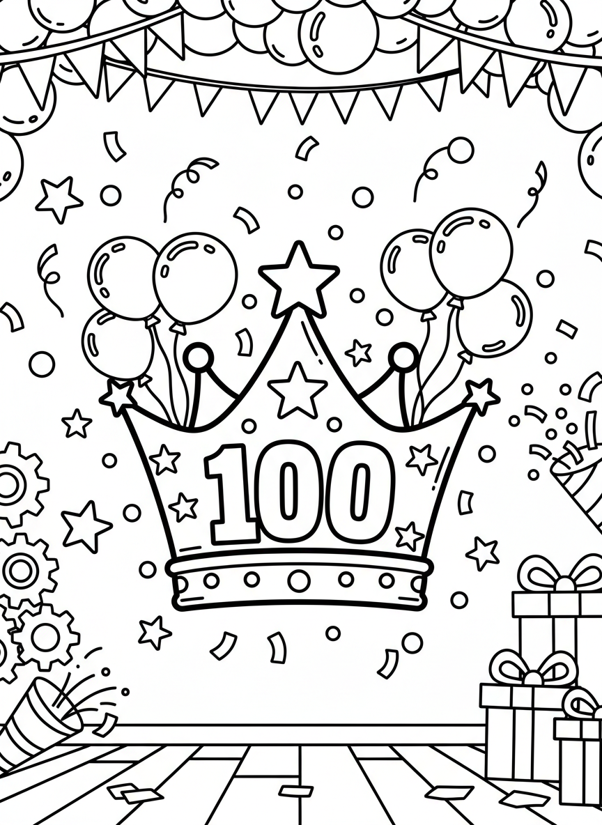 A festive party crown decorated with the number 100 in large bold letters, surrounded by stars, balloons, and confetti for celebrating the 100th day of school