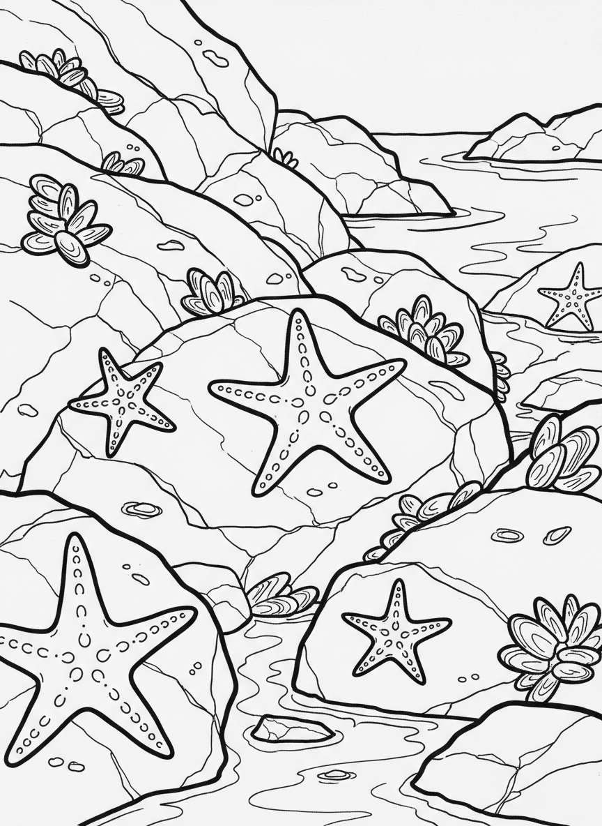 Multiple starfish of different sizes scattered across tide pool rocks with small mussels attached to the surfaces.