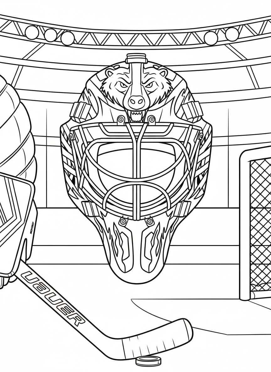 A hockey goalie's mask decorated with team designs and patterns, shown as a detailed front-facing portrait view.