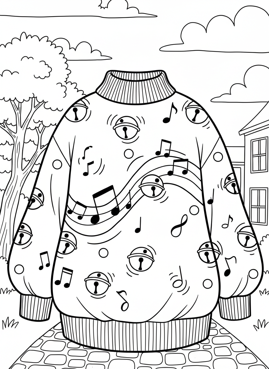 A loud sweater covered in jingle bells of various sizes, musical notes, and wavy lines suggesting sound, with ribbed collar and cuffs.