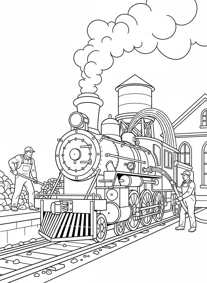 A coal-powered steam train at a station refueling, with workers shoveling coal and water being added to the boiler.
