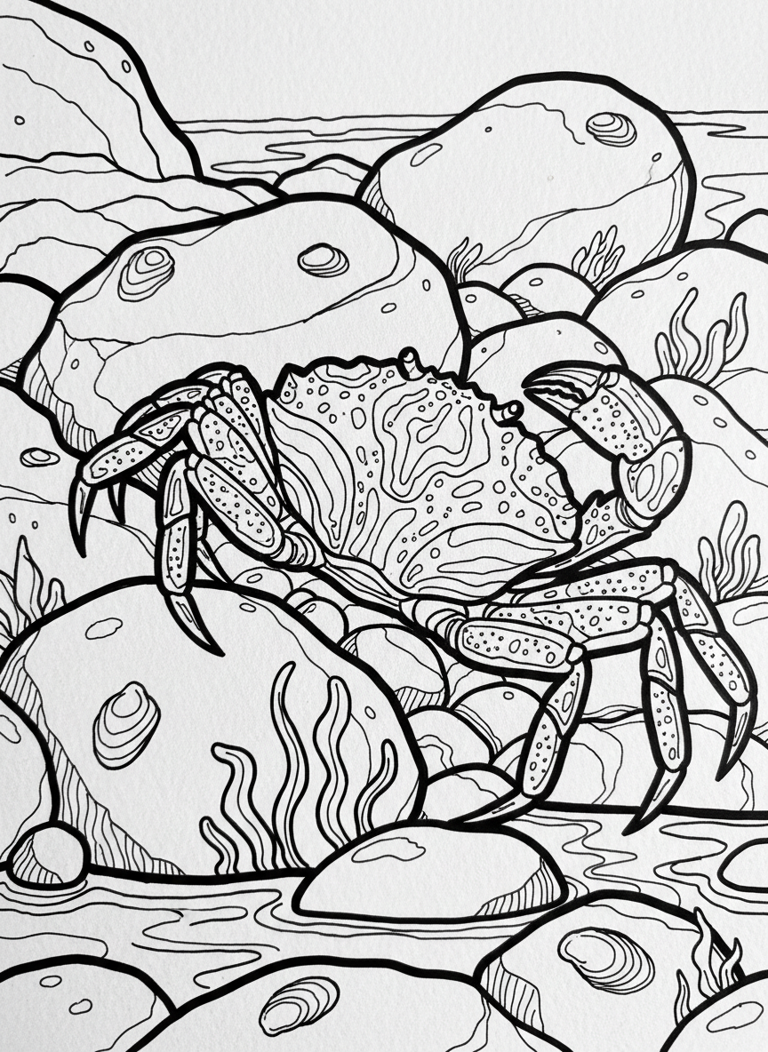 A detailed crab with textured shell patterns walking sideways across tide pool rocks covered in tiny mussels and algae.