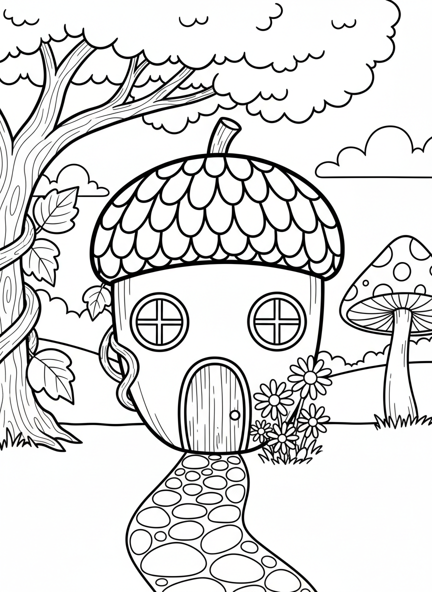 A fairy cottage shaped like an acorn with a scalloped roof, circular windows, and a small garden of daisies in front.