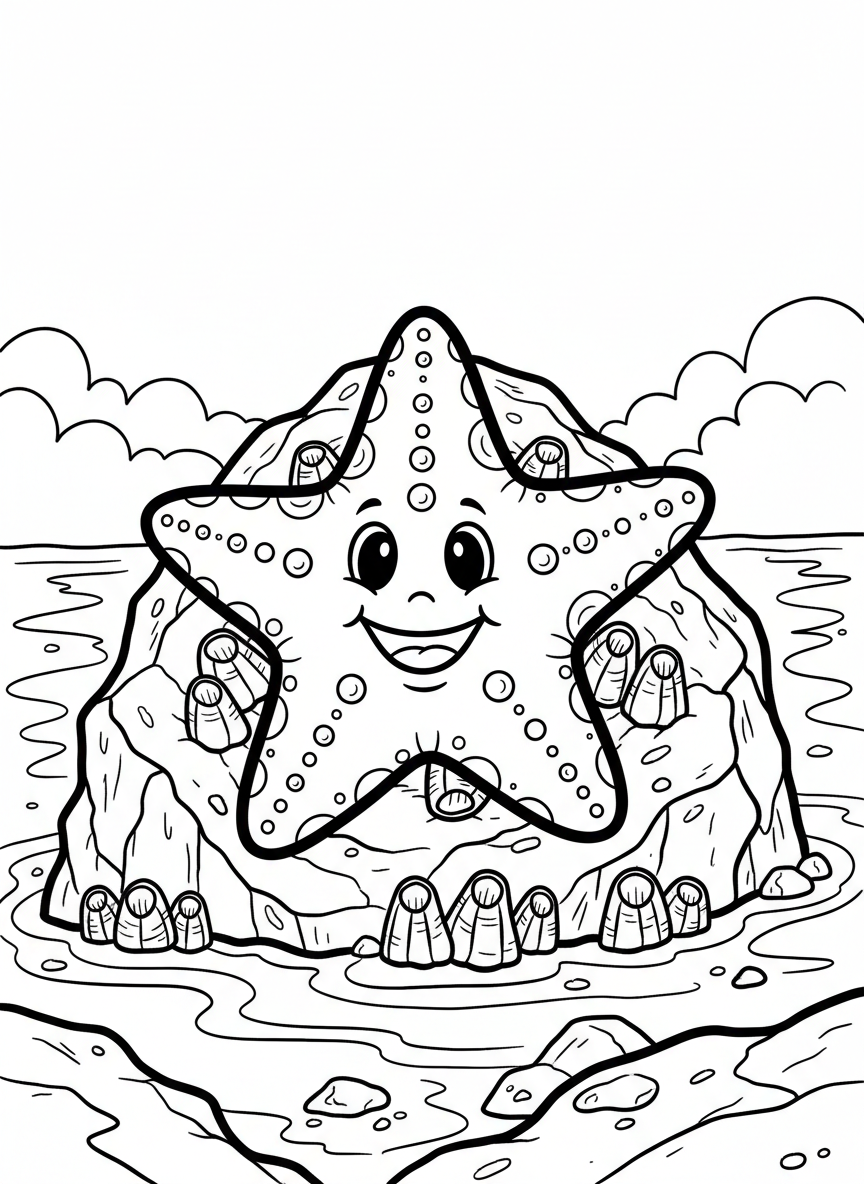 A cheerful sea star clinging to a rocky tide pool surface, surrounded by small barnacles and simple wave patterns in the background.
