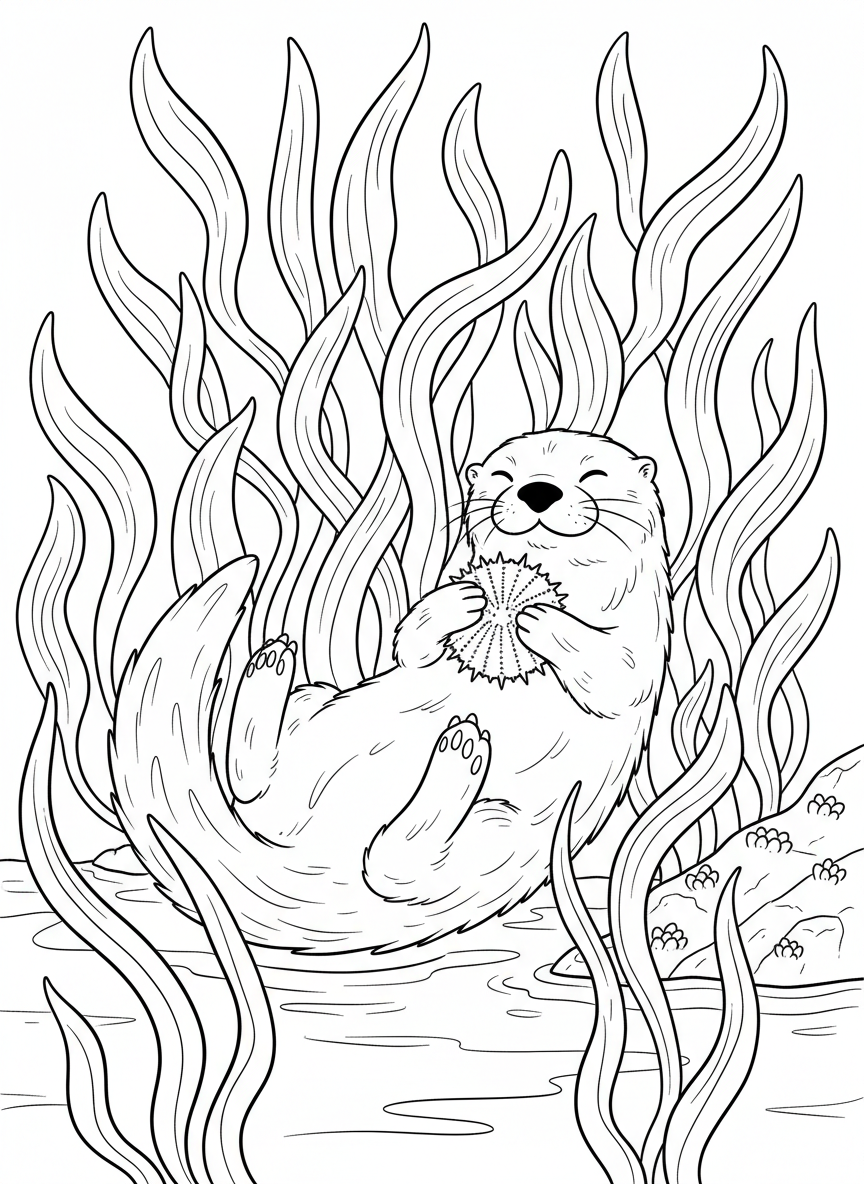 An otter floating on its back holding a sea urchin, surrounded by kelp forest