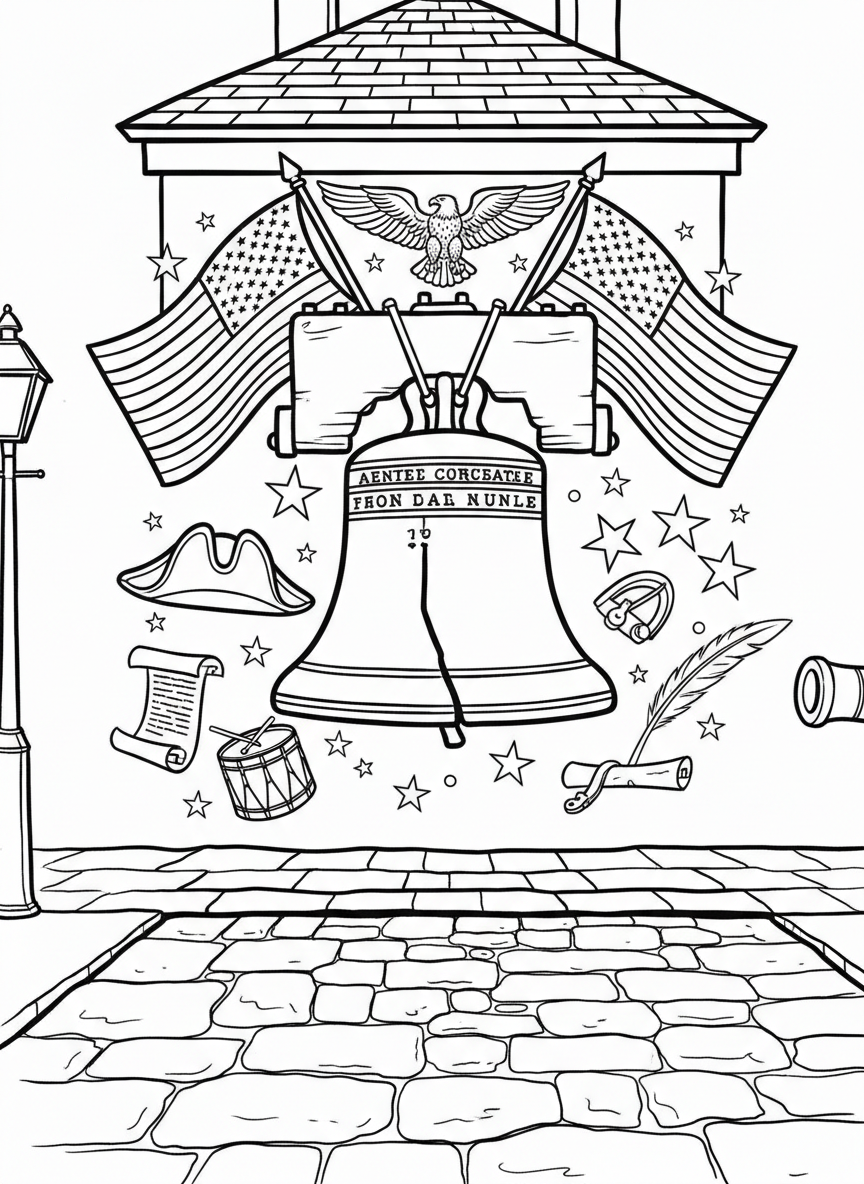 The Liberty Bell with American flags crossed behind it and stars scattered around, historical patriotic symbols