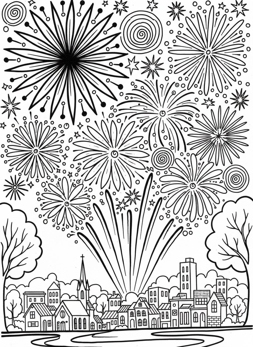 Large firework display bursting over a small town skyline, with geometric star patterns and swirling trails filling the sky