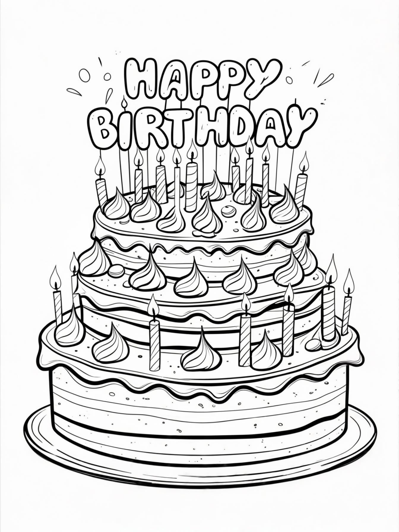 A giant, multi-layered birthday cake with bold frosting stripes, lots of candles, and "Happy Birthday" written in fun bubble letters on top.