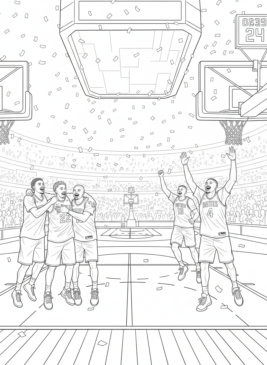 nba finals: A final horn celebration with players embracing at midcourt, jerseys wrinkled and sweat-soaked as confetti drifts down and the championship atmosphere takes over.