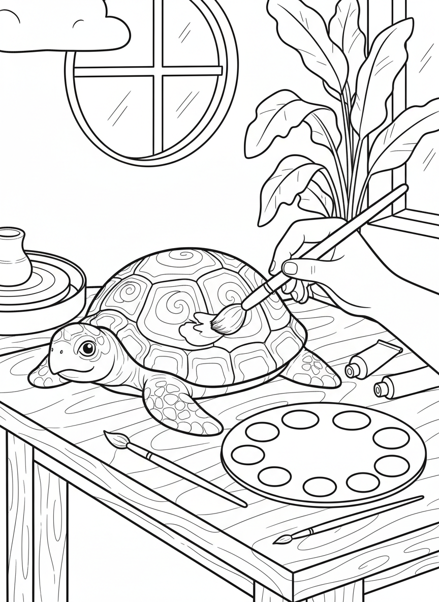 Simple scene of a ceramic turtle figurine being decorated with a thin brush, paint palette with multiple colors shown nearby.