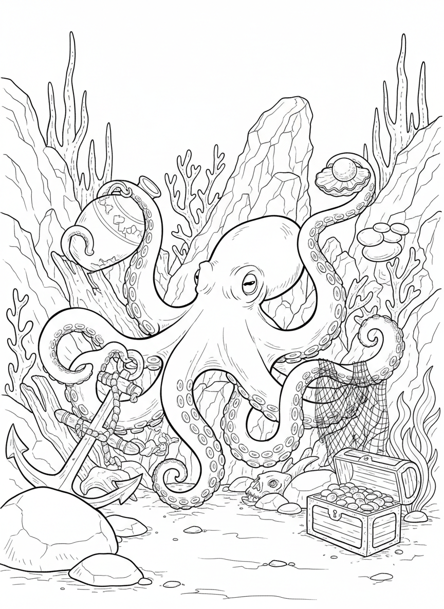 An octopus hiding among rocks and coral, with its eight tentacles curled around different objects on the ocean floor.